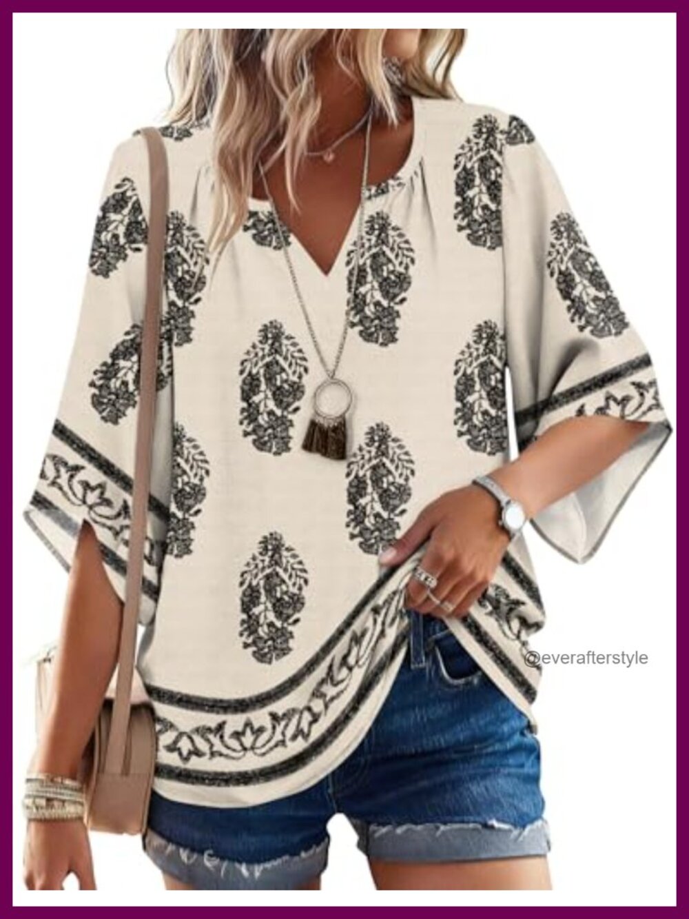 Boho 3/4 Sleeve V Neck Peasant Tunic Top Loose Fit Flowy Summer Shirt